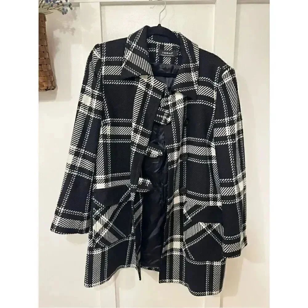 Vintage Tribal Black & White Plaid Pea Coat